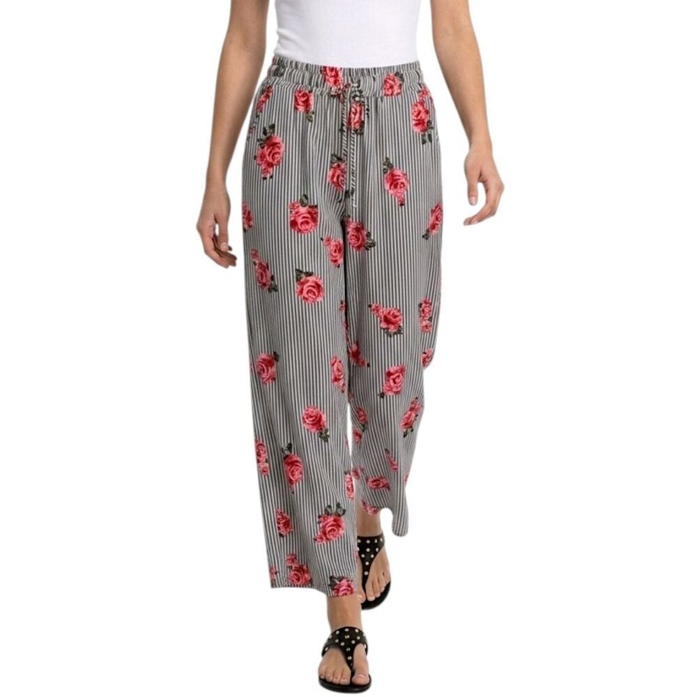 Joe B By Joe Benbasset Black Striped Floral Elastic Waist Wide Leg Pants